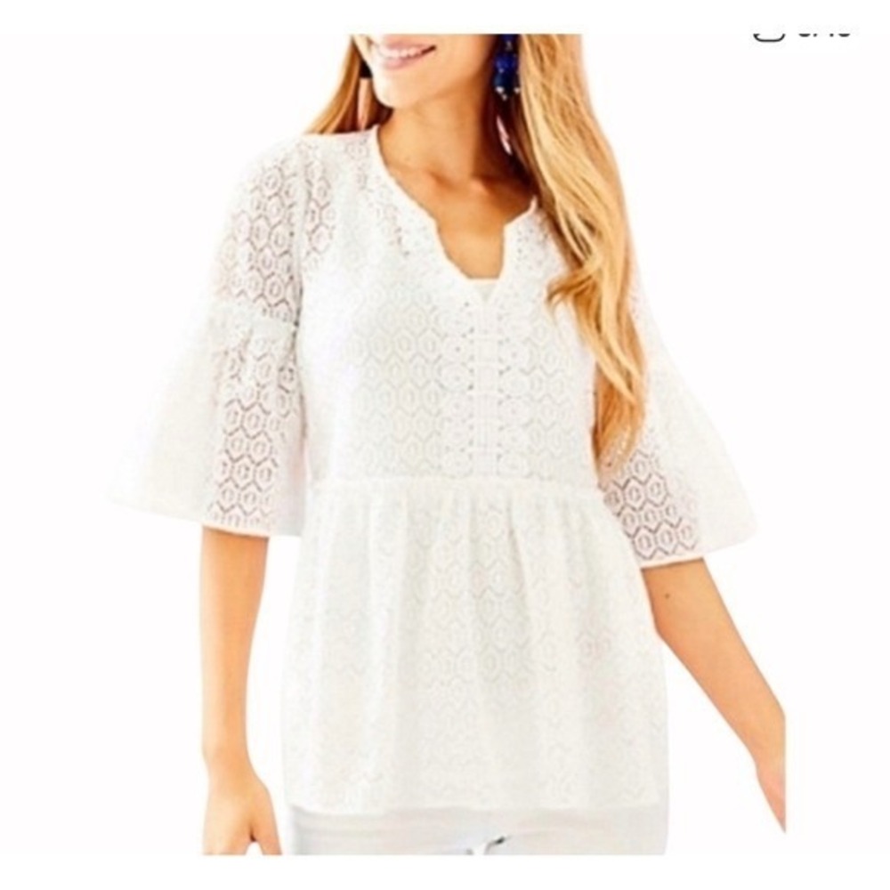 Lilly Pulitzer White Diamond Geo Lace Inez Eyelet Peplum Boho Blouse Top Sz XXS